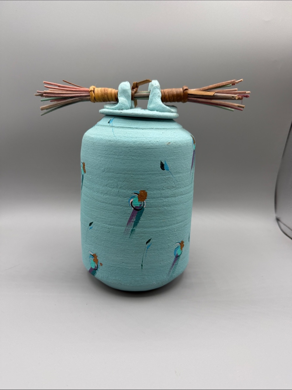 Vintage Laura Ross Handmade Abstract Turquoise Decorative Jar Whicker Handle
